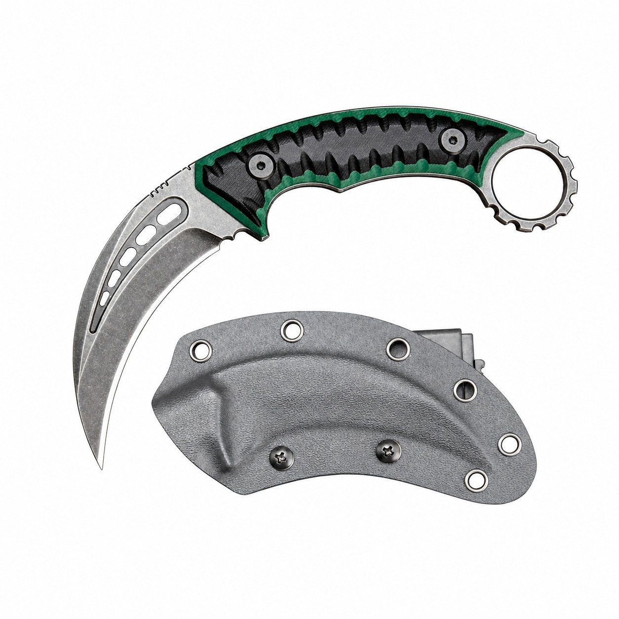 18657-main-white-clean Karambit-Messer mit feststehender Klinge – Klauenmesser aus D2-Stahl mit G10-Griff und grüner Scheide
